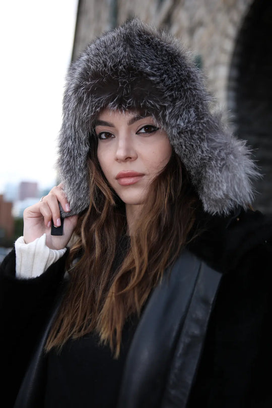 Silver fox fur and leather Aviator hat
