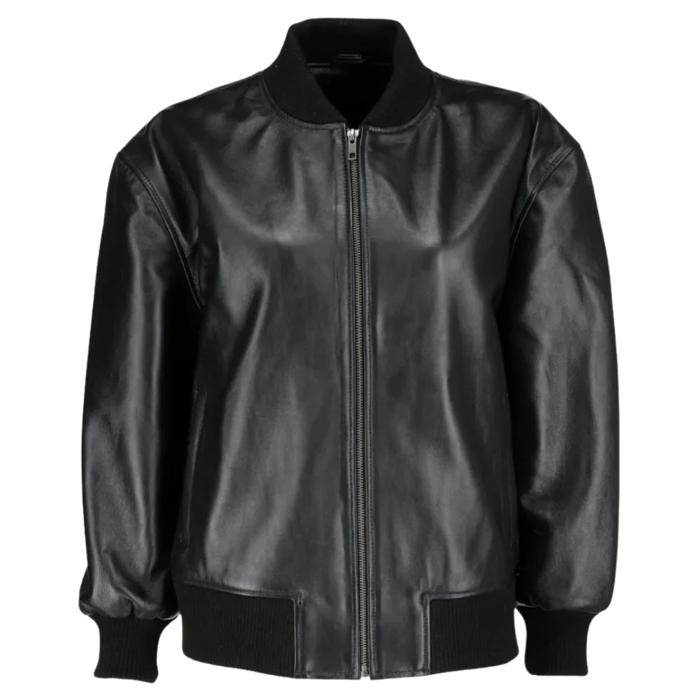 Front detailed view of the Mabel black leather bomber jacket featuring an oversized fit, ribbed knit collar, and a concealed front zipper.