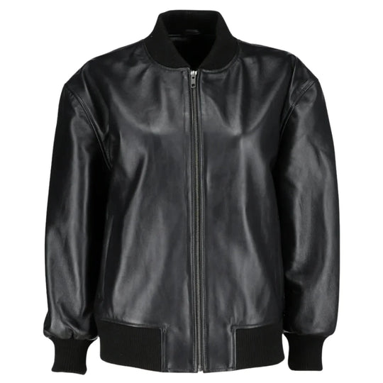 Front detailed view of the Mabel black leather bomber jacket featuring an oversized fit, ribbed knit collar, and a concealed front zipper.