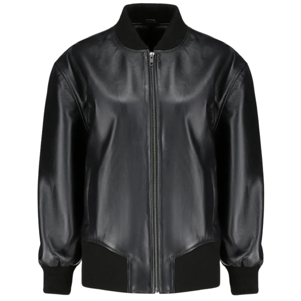 Front view of the Mabel black leather bomber jacket featuring an oversized fit, ribbed knit collar, and a concealed front zipper.