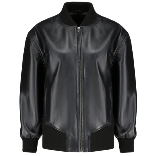 Front view of the Mabel black leather bomber jacket featuring an oversized fit, ribbed knit collar, and a concealed front zipper.