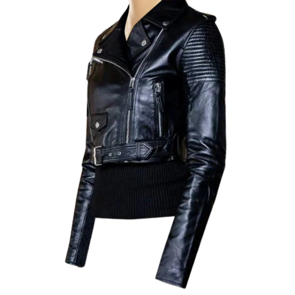 Side profile of a black cropped biker jacket with a belted waist, showing the sleeve length and the structured fit of the Martyna leather collection.