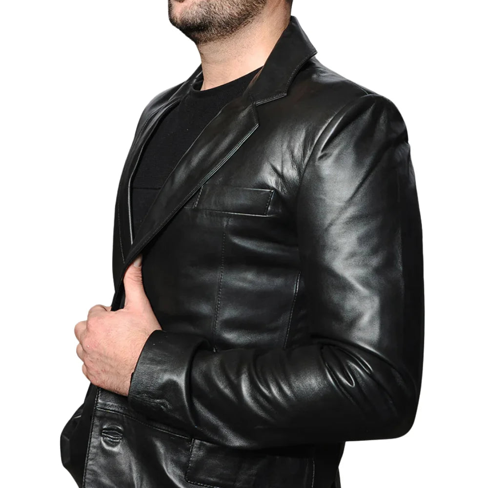 Side view of the oversized black leather blazer, showcasing its modern fit and premium leather material.