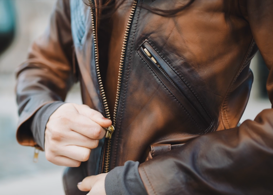 Tracy's shaded brown crop biker leather jacket with waist belt