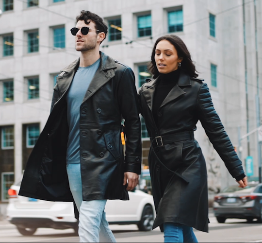 Black leather belted and double breasted trench coat