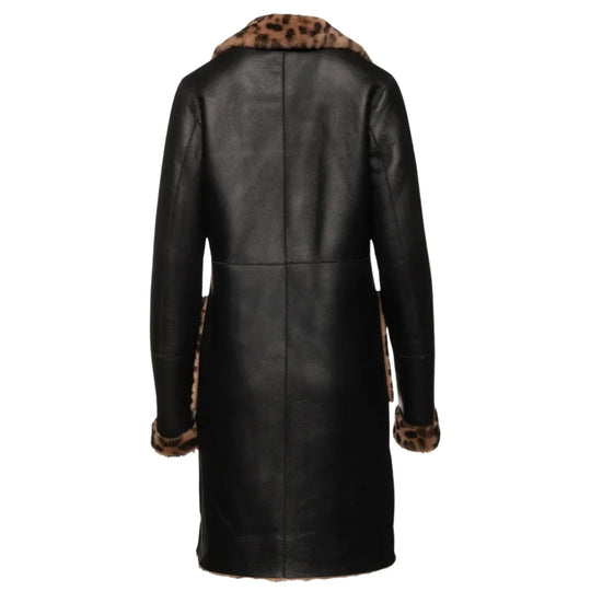 Back view of the Seraphina leopard print coat showing the oversized, draped silhouette and continuous pattern on high-quality leather.