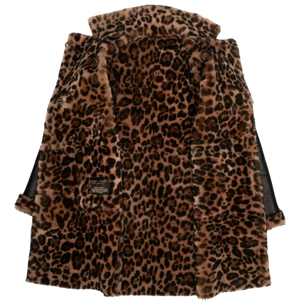 Inside view of the Seraphina leopard print coat showing the oversized, draped silhouette and continuous pattern on high-quality leather.