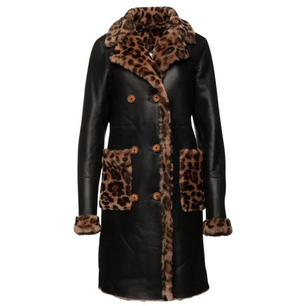 Seraphina Leopard Print Oversized Double Breasted Shearling Leather Coat