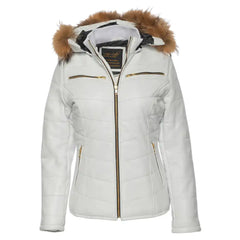 Front view of the Snowy White leather puffer jacket featuring a golden metallic iridescent finish and horizontal quilted baffles.