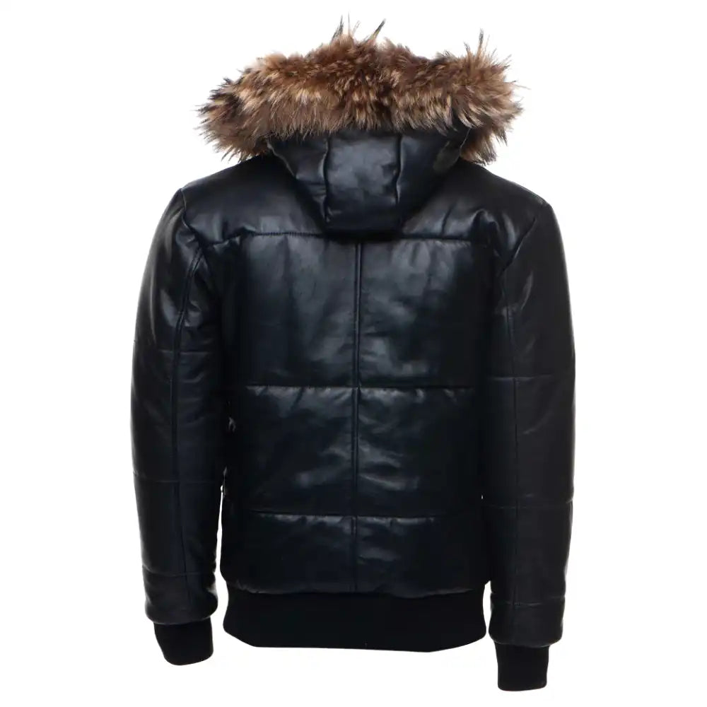 Back view of the Traynor puffer jacket showing the insulated quilted panels and the wide, luxurious fur trim on the hood.