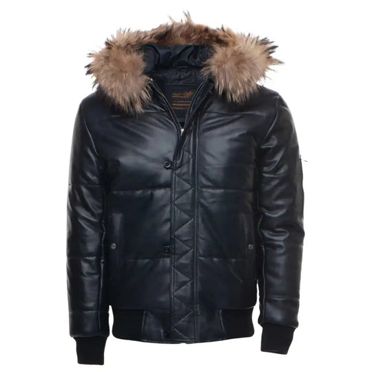 Close-up of the Traynor jacket’s hood, highlighting the soft, voluminous fur trim and the smooth leather texture of the crown.