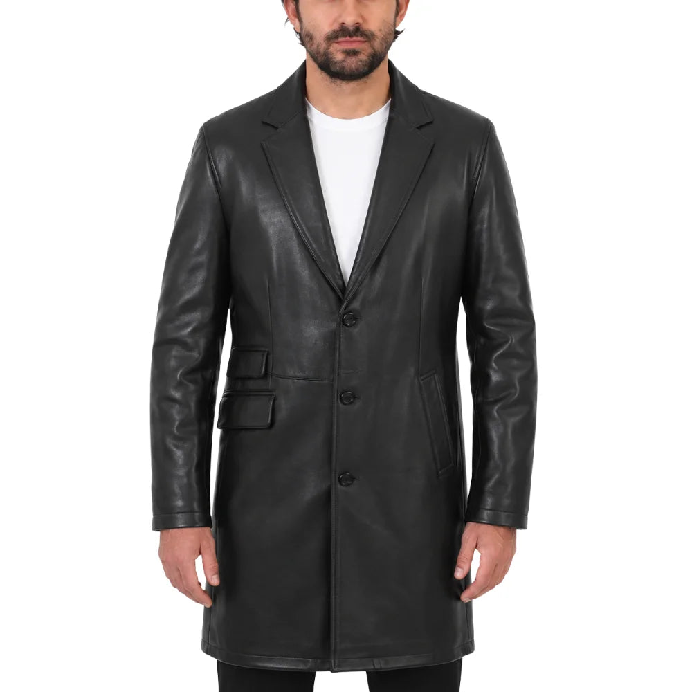 Black leather 3/4 length trench coat
