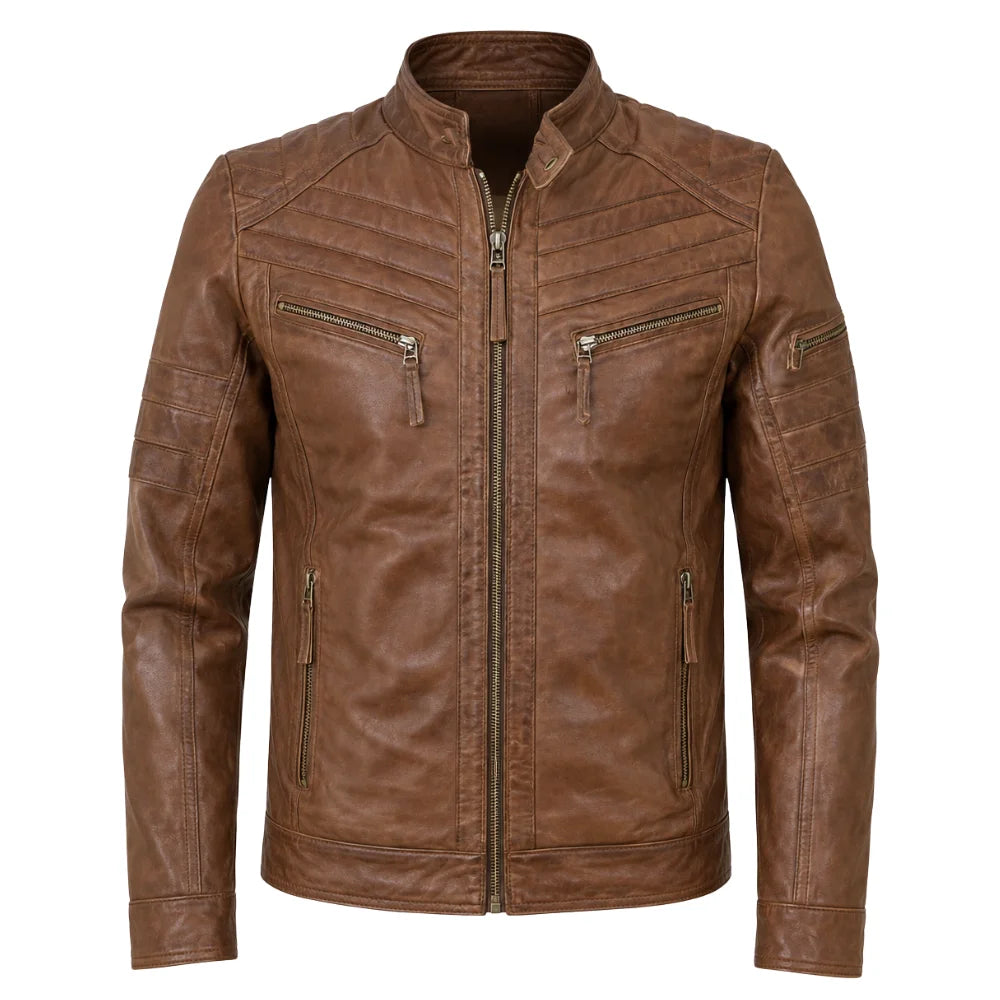 Brown moto style jacket with patterns