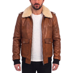 Dominic's bomber style leather jacket with fur collar