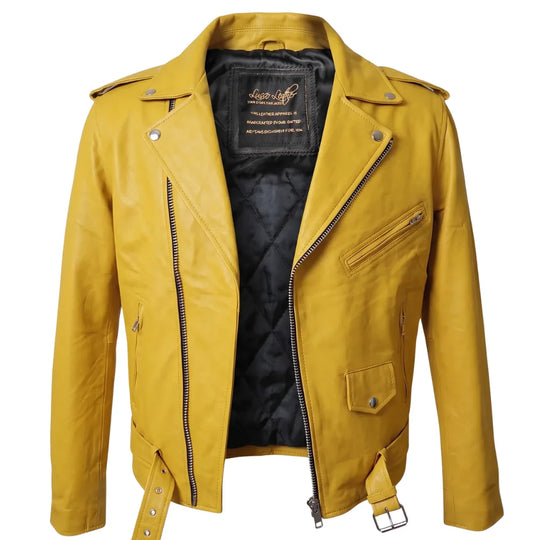 Olson's Yellow Belted Leather Biker Jacket