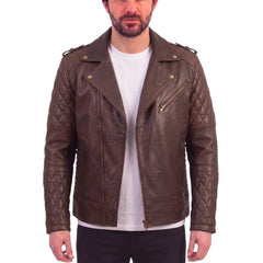 Diamond Stitched Brown Quilted Leather Biker Jacket