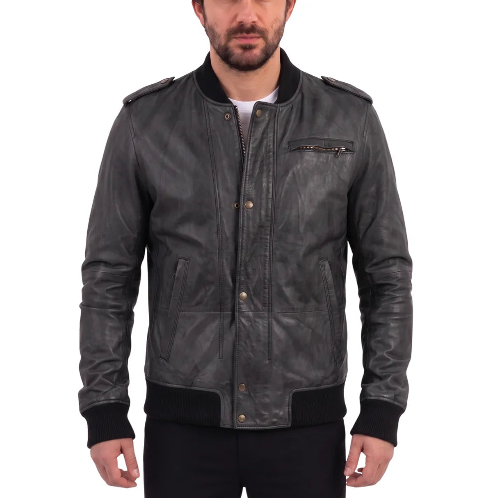Black Bomber Leather Jacket with Button Closure