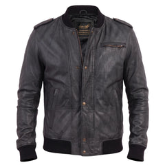 Black Bomber Leather Jacket with Button Closure