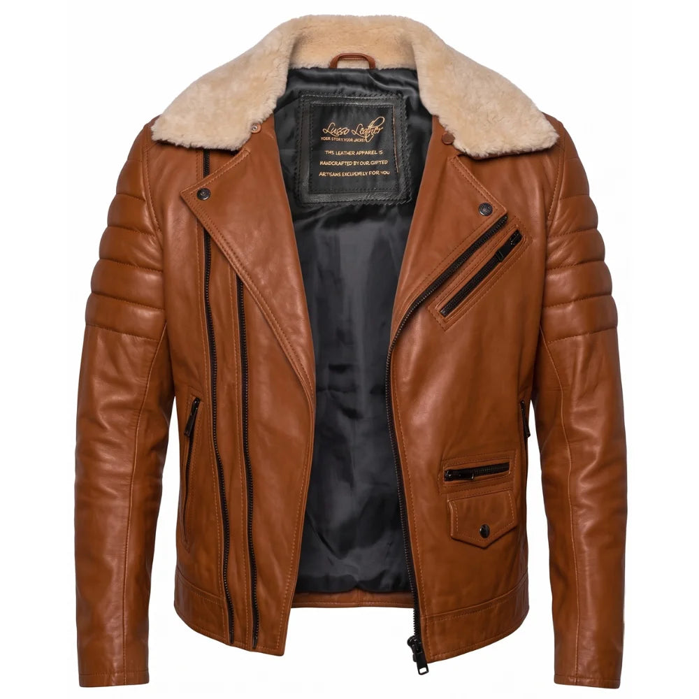 Woodwards English Tan Biker Jacket with Fur collar