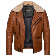 Woodwards English Tan Biker Jacket with Fur collar