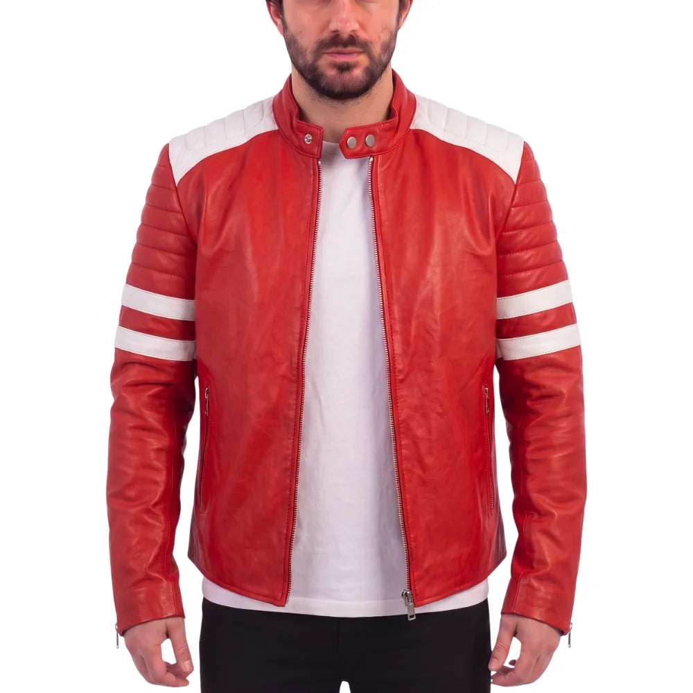 Red moto style jacket with white patches