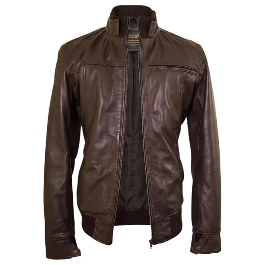 Brown leather jacket with straight ribbed collar, cuffs and hem