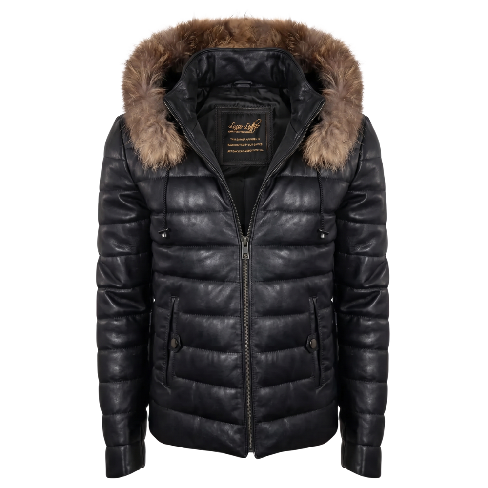Richie Hooded Winter Leather Puffer Jacket