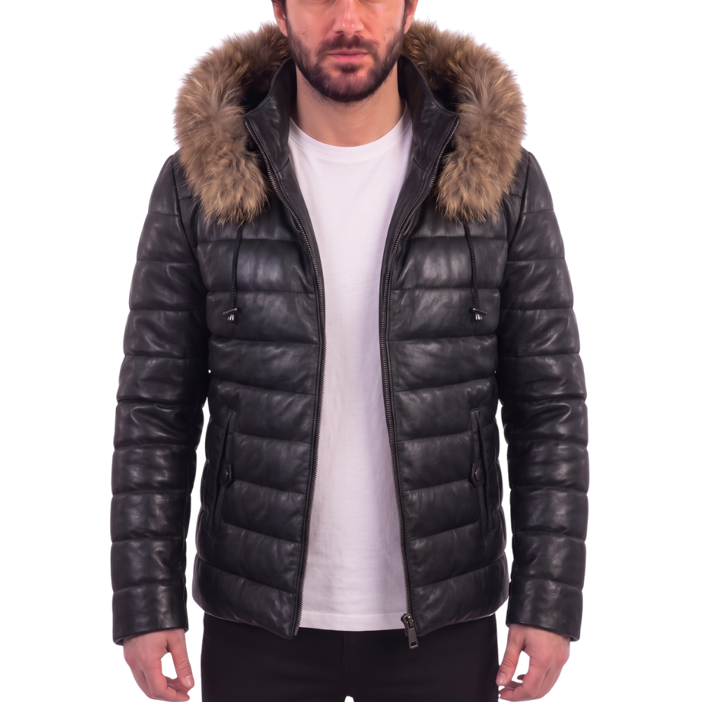 Richie Hooded Winter Leather Puffer Jacket