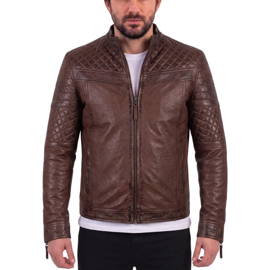 Men's Tawton Brown Leather Jacket with quilted panels