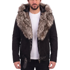 Allen Black Nubuck  Leather jacket with Real Fox Fur on collar and hoodie