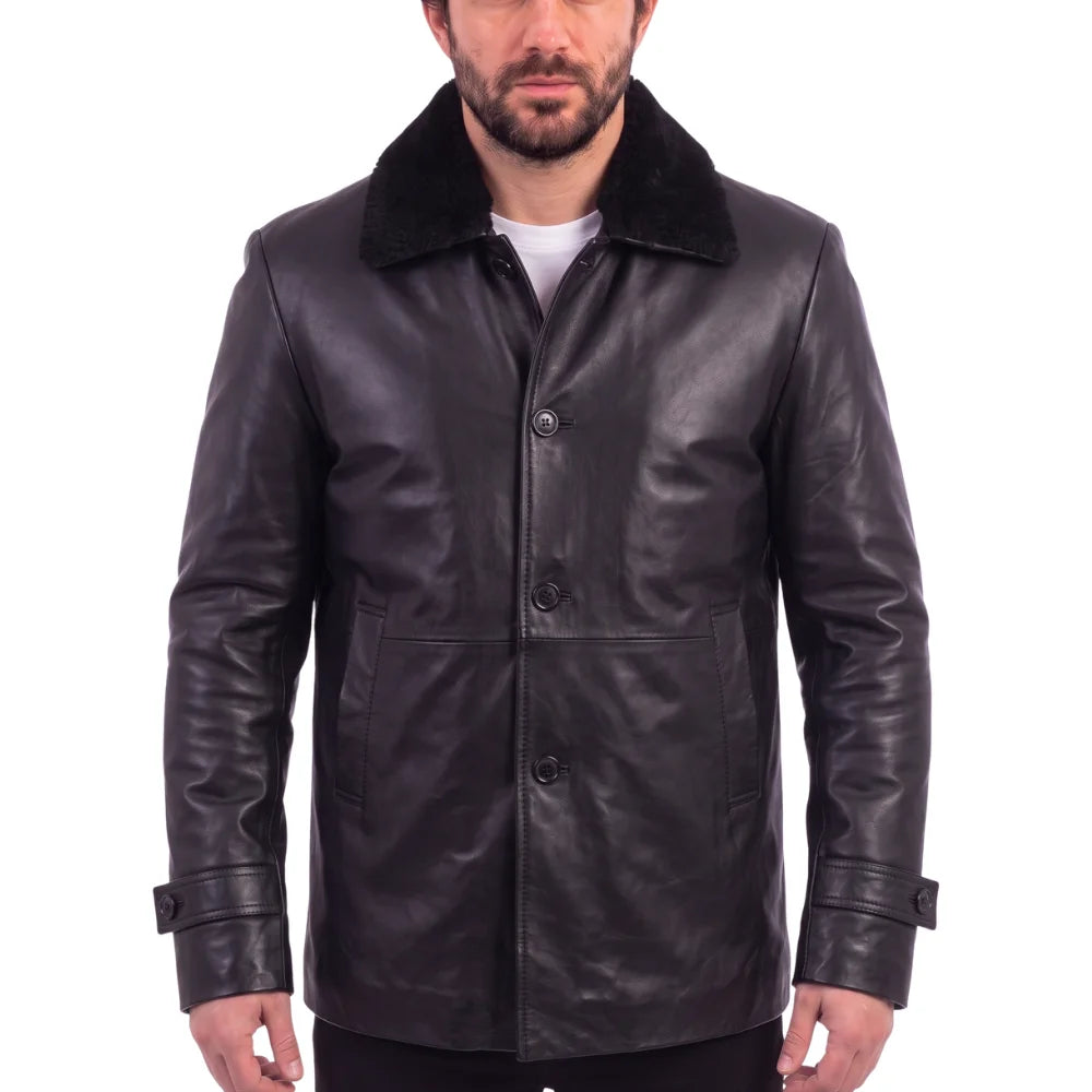 Eric's black leather car coat with fur collar