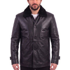 Eric's black leather car coat with fur collar