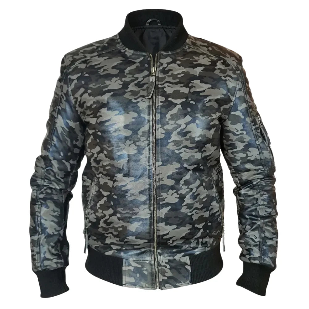 Bomber Grey Camouflage Military print leather jacket