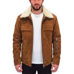 Tan Suede Bomber leather jacket with Fur collar
