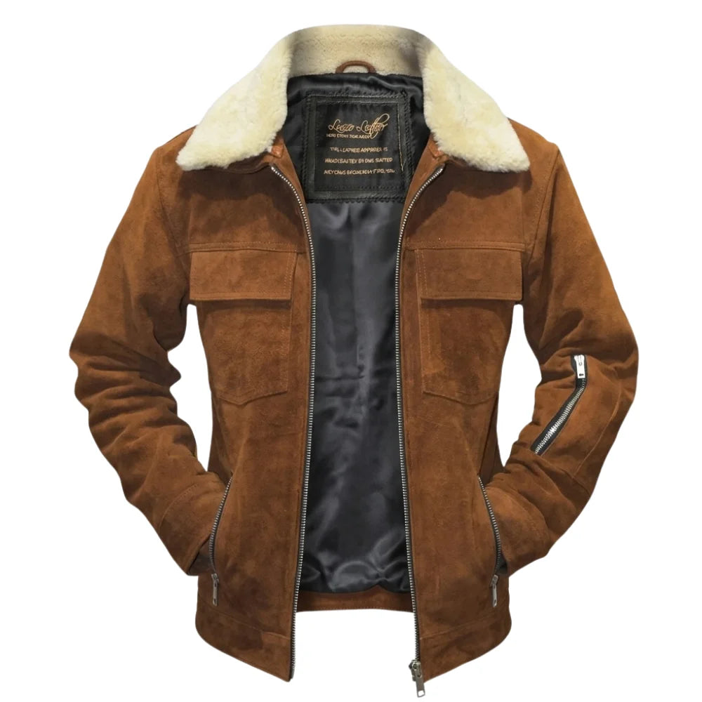 Tan Suede Bomber leather jacket with Fur collar