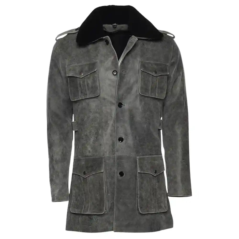 Ryder vintage grey leather coat with fur collar