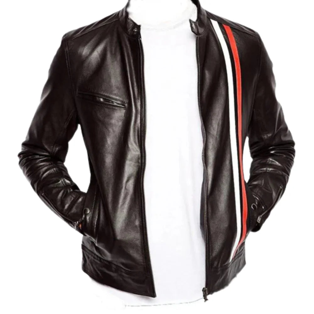 Plain black moto style jacket with stripes