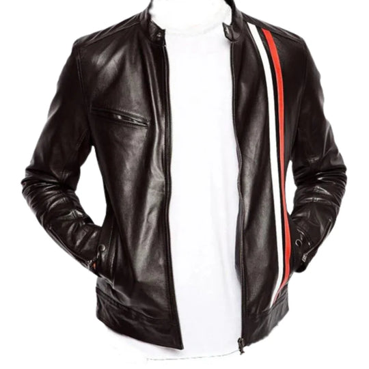 Plain black moto style jacket with stripes