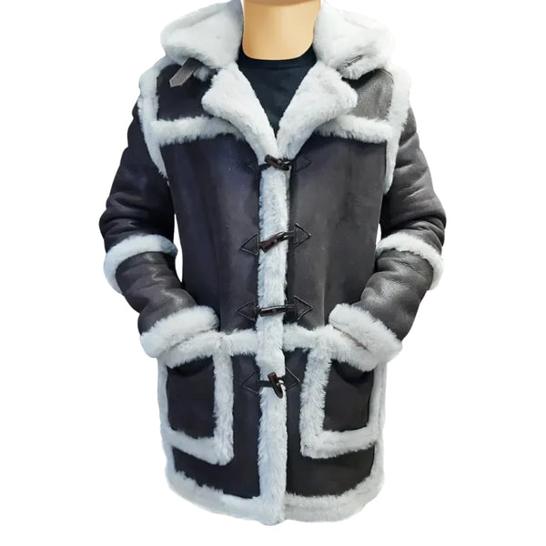 Rayyan's 3/4 length Rancher hooded shearling coat