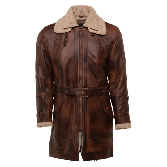 Vintage Rust 3/4 Leather Trench coat with Sherpa Lining