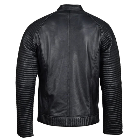 Haworths moto style leather jacket with ribbed stitched sleeves