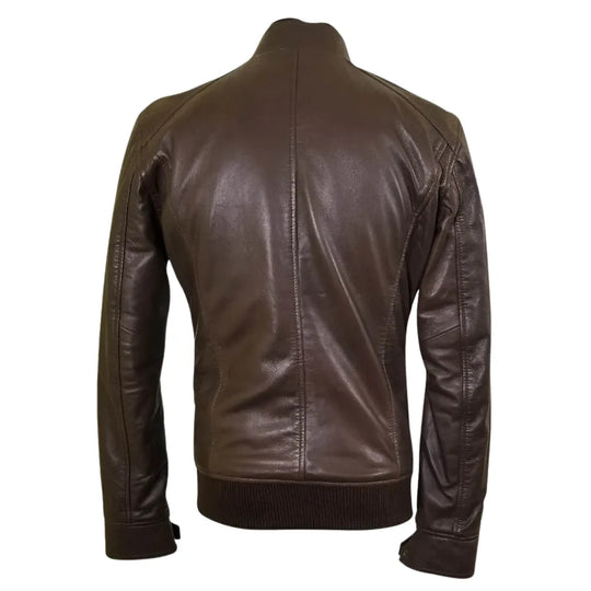 Brown leather jacket with straight ribbed collar, cuffs and hem