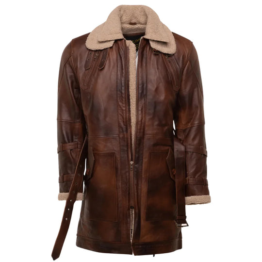 Vintage Rust 3/4 Leather Trench coat with Sherpa Lining
