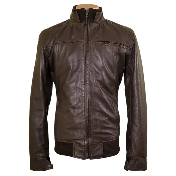 Brown leather jacket with straight ribbed collar, cuffs and hem