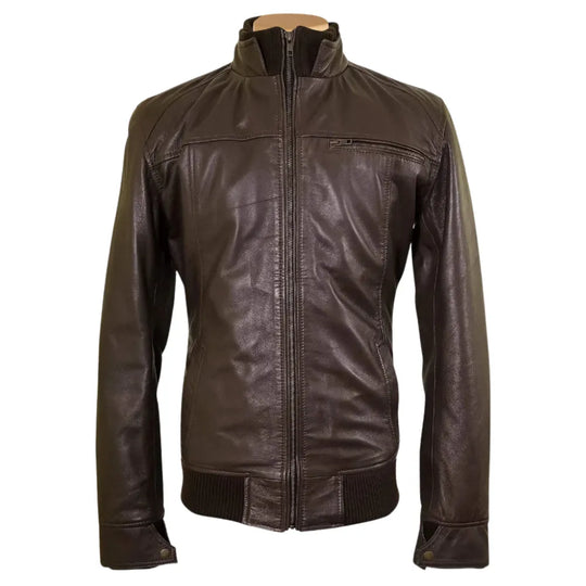 Brown leather jacket with straight ribbed collar, cuffs and hem