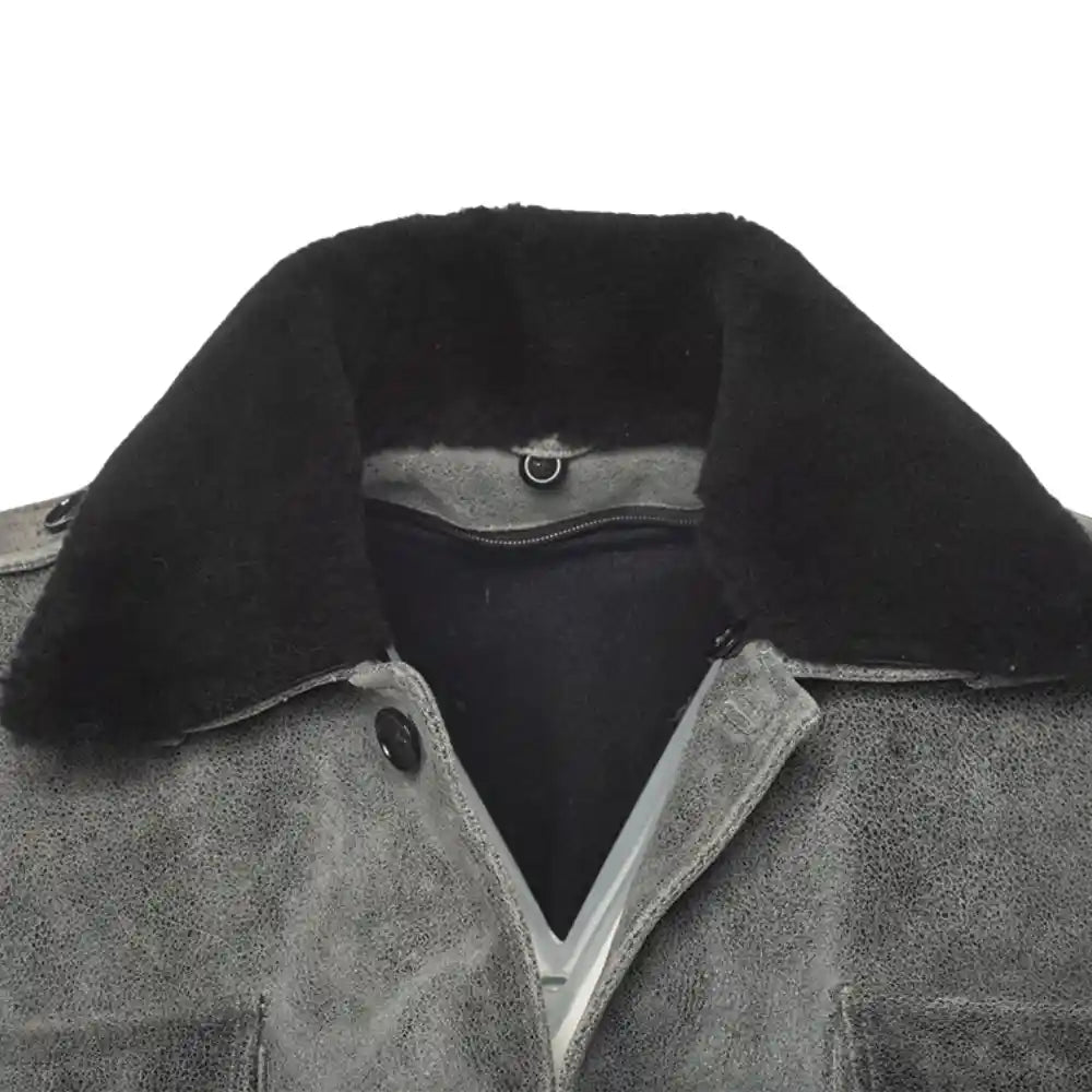 Ryder vintage grey leather coat with fur collar