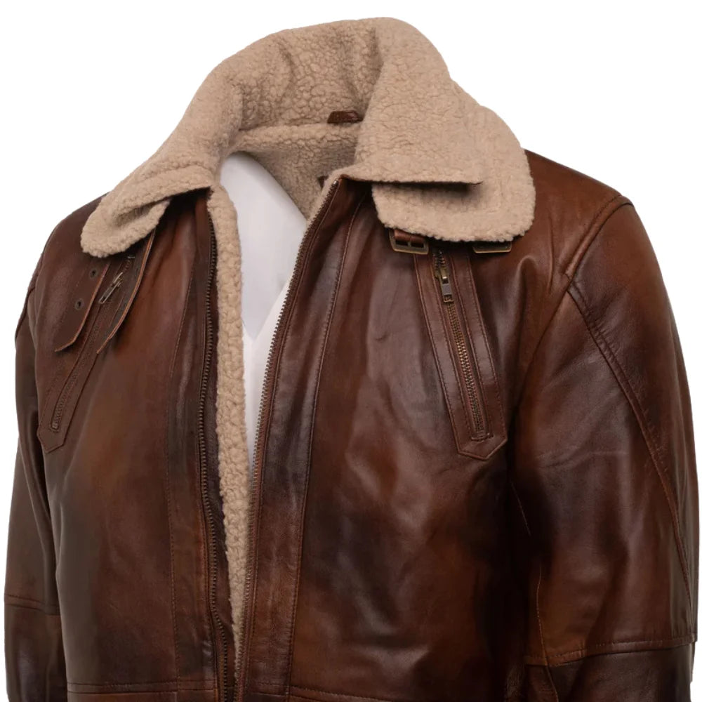 Vintage Rust 3/4 Leather Trench coat with Sherpa Lining