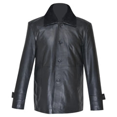 Eric's black leather car coat with fur collar