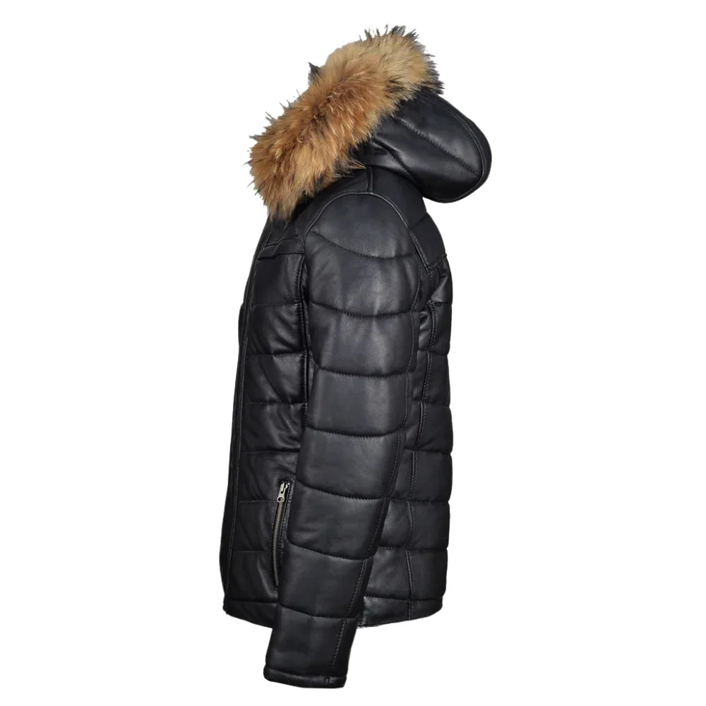 Rossi's polyfill winter leather jacket with fur on hoodie