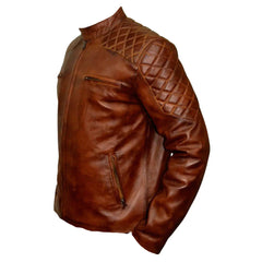 Vintage Tan cafe racer leather jacket with quilted patches